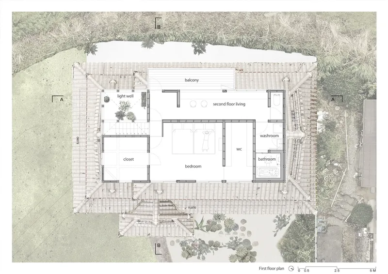 First floor plan drawing showing bedroom, balcony, and light well with surrounding vegetation