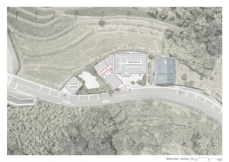 Site plan drawing showing house placement between curved road and agricultural terraces