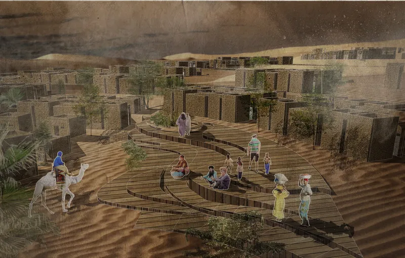 Terraced communal gathering space with curved timber walkways winding between stone buildings and palm trees