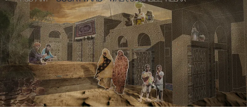 Morning courtyard scene with women and children walking between earth-walled houses under warm Saharan light