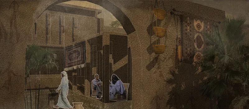 Tea house interior with arched stone walls, hanging woven textiles and baskets, and residents gathering in the shade