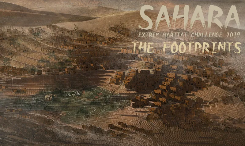 Aerial view of the Footprints settlement nestled into a Saharan gorge, with terraced stone buildings stepping down the terrain