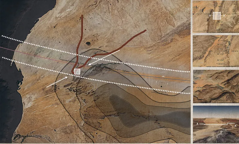Site analysis map showing the Mauritania gorge location with climate data, terrain sections, and geological context