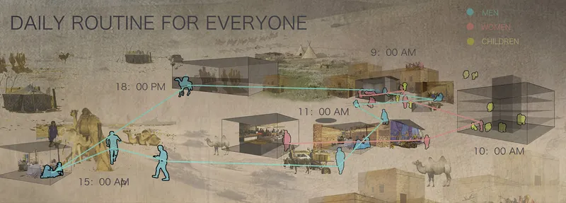 Daily routine diagram mapping the movements of men, women, and children through the settlement from morning to evening
