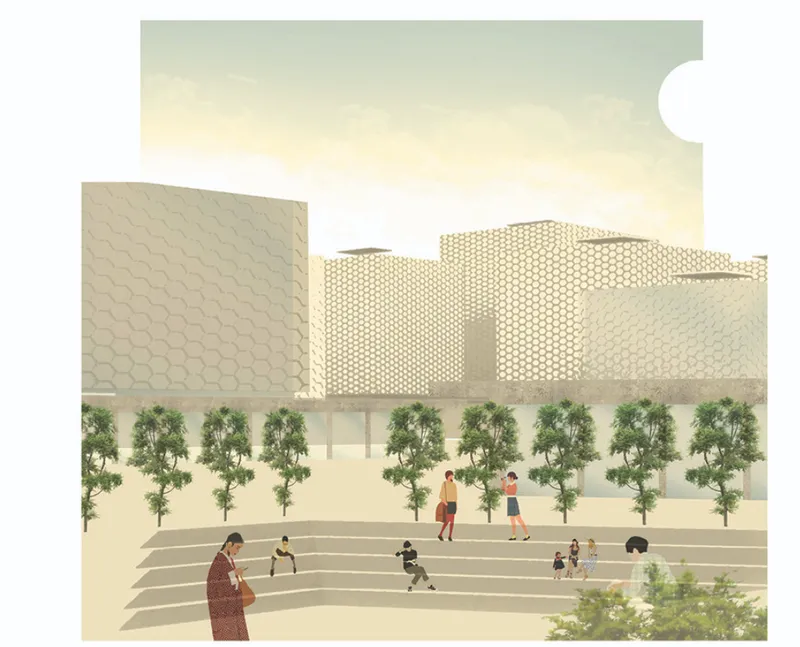 Stepped public plaza with seating terraces, shade trees, and perforated tower blocks framing the gathering space