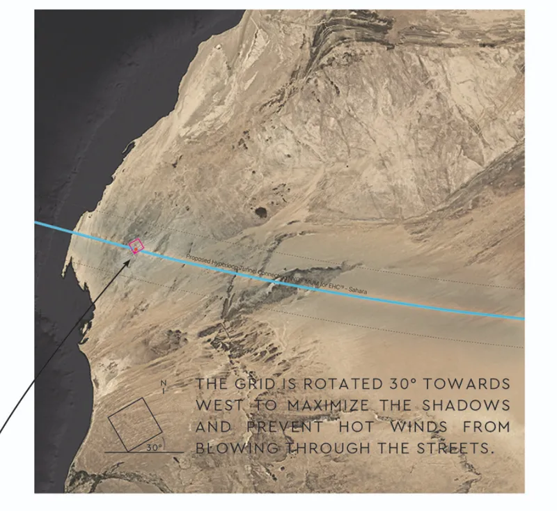 Satellite site analysis showing the grid rotated 30 degrees west to maximise shadow coverage and block hot winds from the streets
