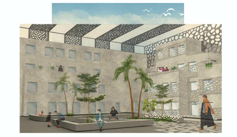 Residential courtyard with perforated stone facade screens, palm trees, and figures walking through the shaded ground level