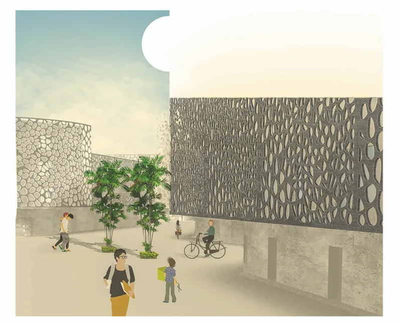 Street-level view along a pedestrian lane with an organic perforated wall screen, cyclists, and tree-lined sidewalks