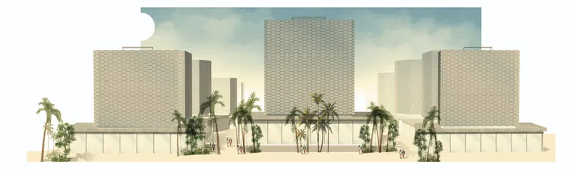 City elevation showing the mixed-height skyline with perforated and patterned facades along a palm-lined boulevard