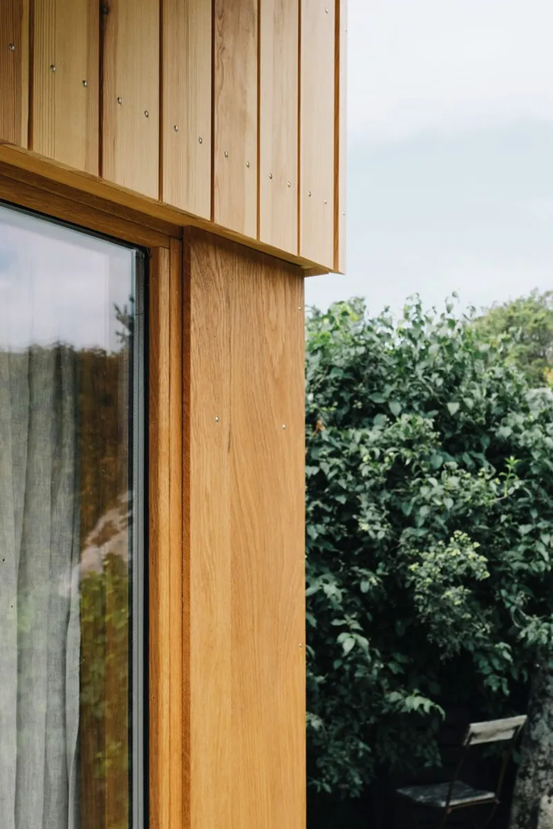 Detail of timber cladding edge and glazed corner framing with green foliage behind