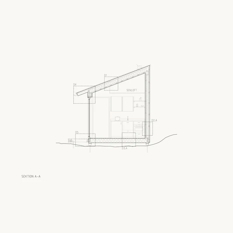 Section drawing revealing the sloped roof structure and interior loft space above the main floor