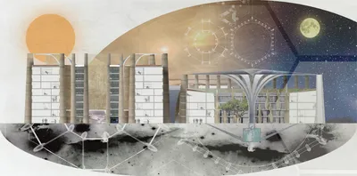 This architectural image presents a conceptual design through a mixed-media collage. It showcases bu