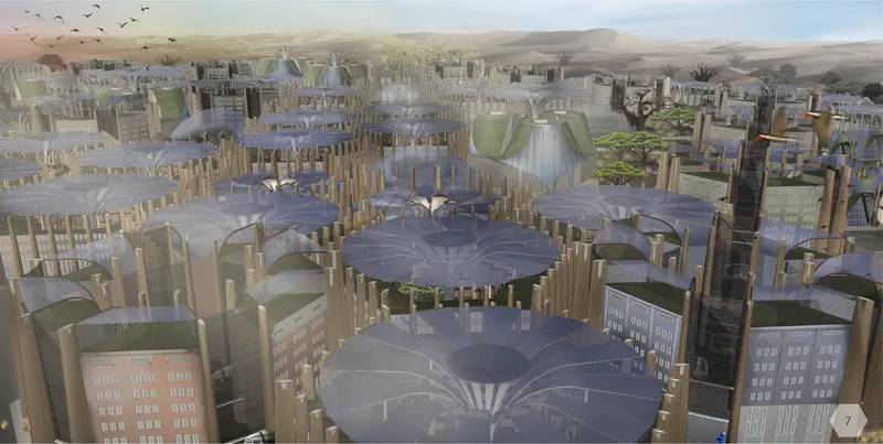 Hexagon City’s innovative urban canopy shields its inhabitants while integrating greenery and renewable systems.
