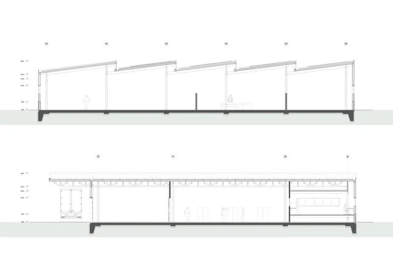 Longitudinal and transverse sections showing timber truss structure, sawtooth roof, and interior volumes