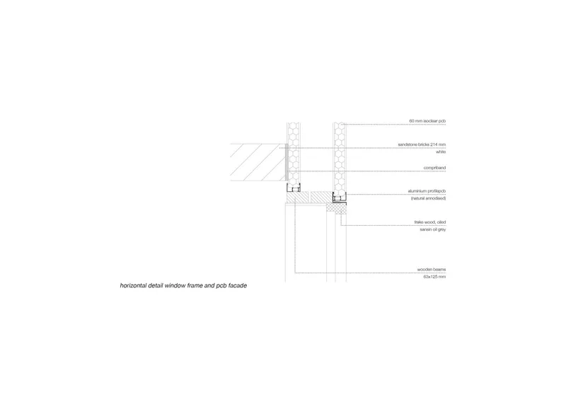 Horizontal detail: window frame meeting polycarbonate facade, with sandstone brick, frake wood, and wooden beams