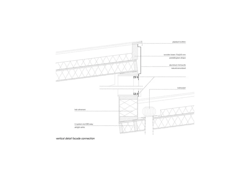 Vertical detail: facade connection with wooden beam parallelogram shape, aluminium formwork, and hsb element