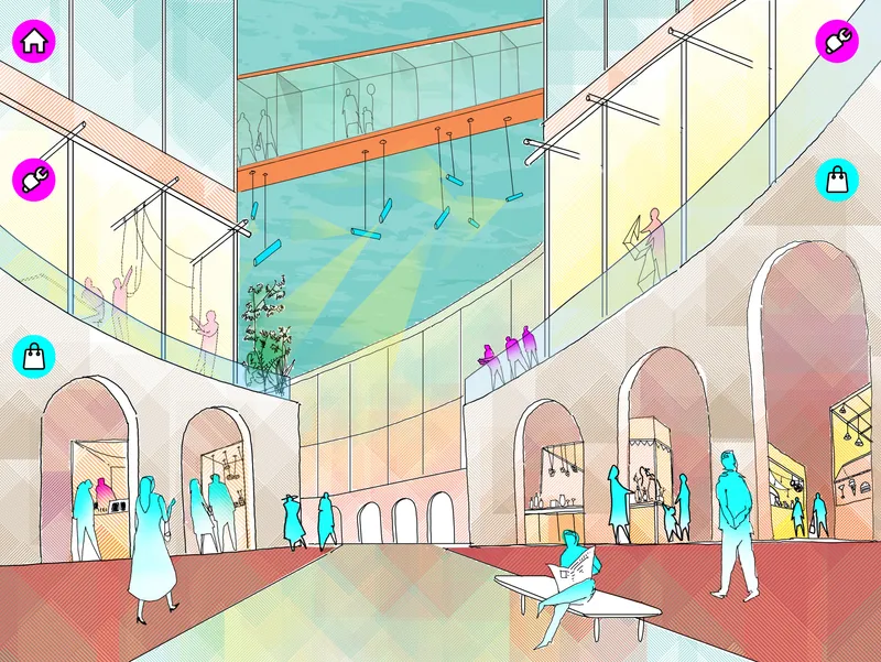 Multi-level interior atrium with arched openings, hanging swings, shop fronts, residents walking, and programme icons indicating living, retail, work, and play zones