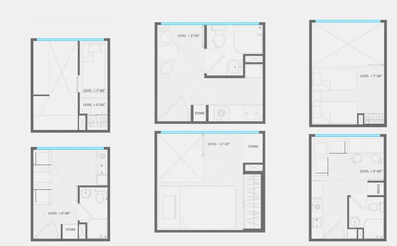 Six modular dwelling unit plans ranging from 90 to 240 square feet, each with a blue highlight strip at the top and compact configurations of bed, bathroom, kitchen, and storage