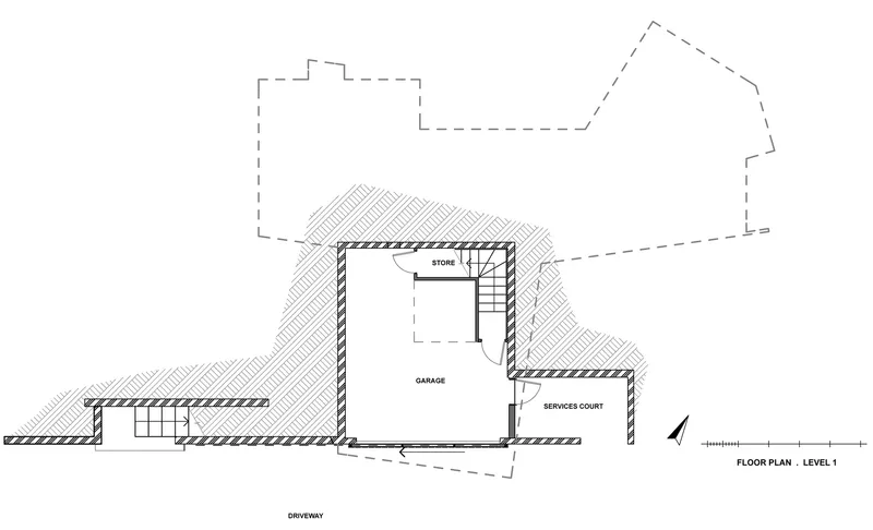 Floor plan drawing indicating garage, storage and services court areas on level one