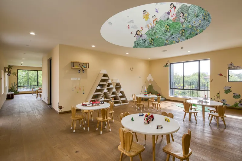 Classroom space with round tables and triangular shelving beneath an oval skylight painted with children at play