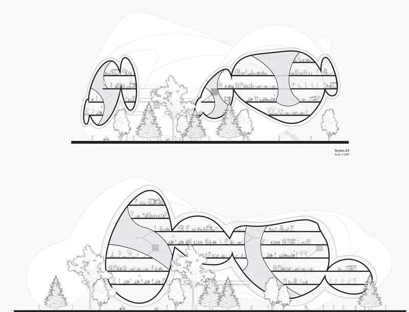 Two architectural sections showing organic, blob-like forms nestled in a forest clearing, with multiple interior levels and trees growing through the structures