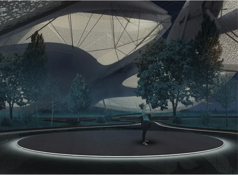 Interior view beneath a tensile fabric canopy with trees growing inside the space, a figure standing on a circular illuminated platform at twilight