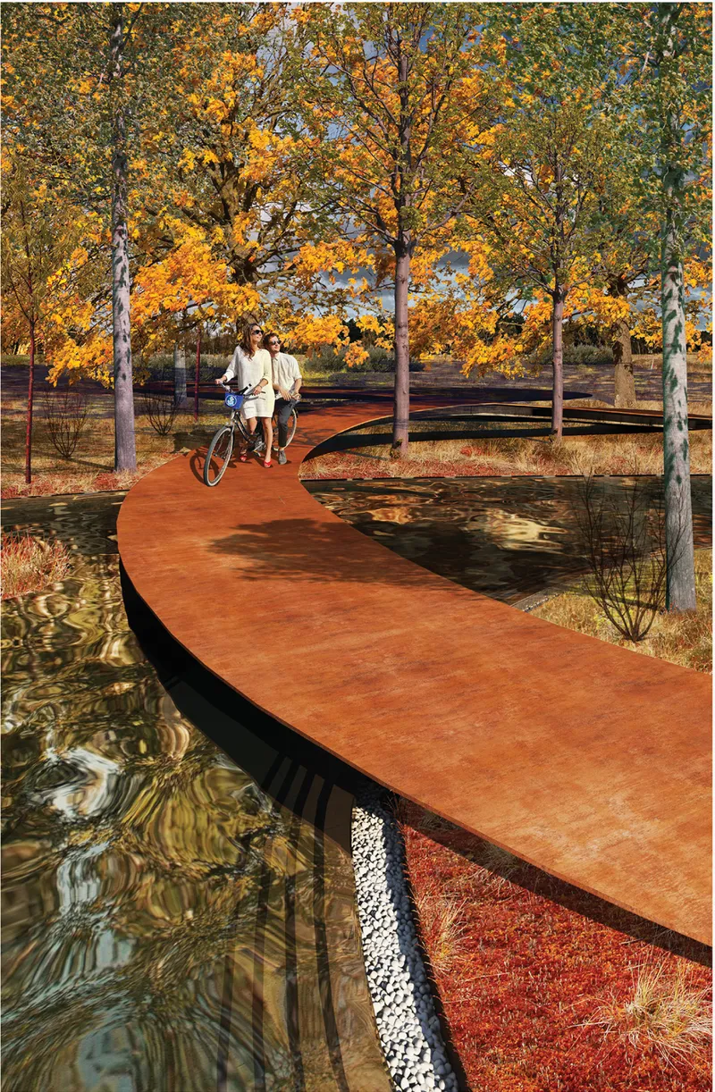 Curved corten steel walkway floating over a reflecting pool among autumn trees, with a couple walking a bicycle through the landscape