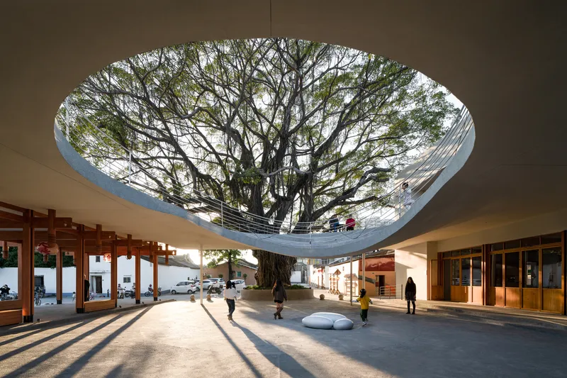 Courtyard at late afternoon with long shadows cast by the preserved tree through the oculus