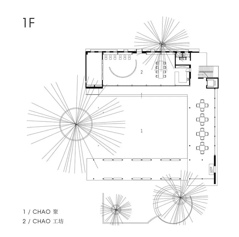 First floor plan drawing showing reading room, workshop, and tree canopies surrounding the footprint