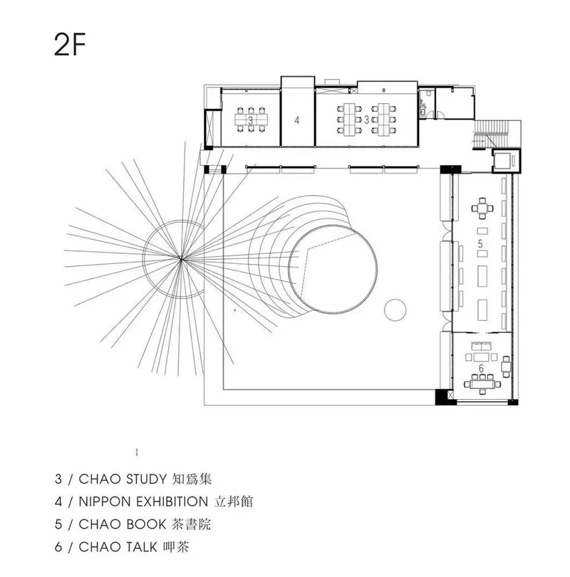 Second floor plan drawing showing exhibition hall, study area, and enclosed circular volume