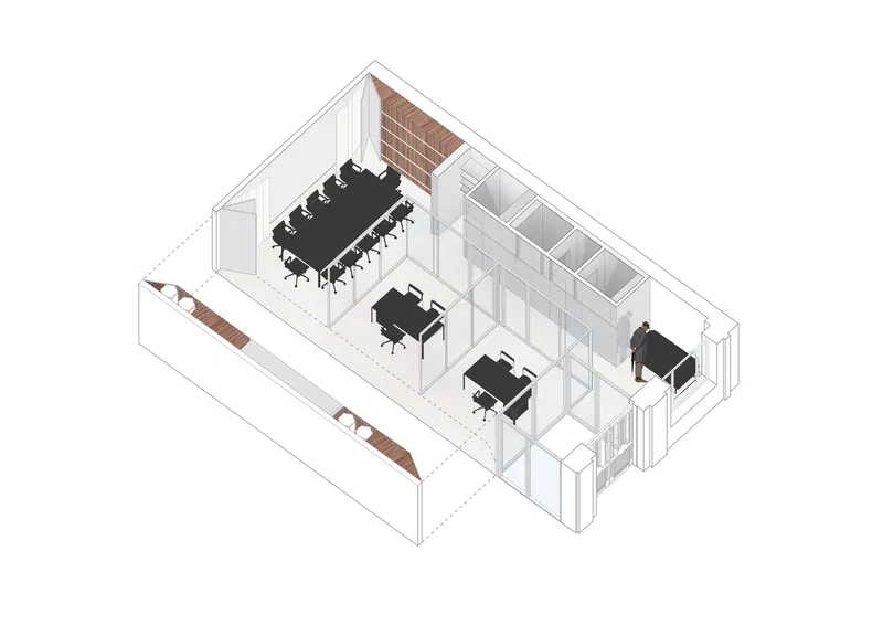 Axonometric: full office layout with walnut feature wall, glass partitions, desks, meeting table, service rooms at rear