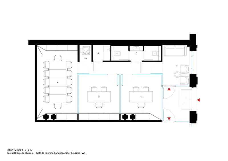 Floor plan: reception, two offices, meeting room, copier area, kitchen, WC, glass partitions shown in blue
