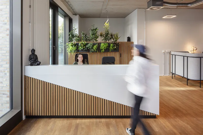 Reception desk with vertical timber slats and planted backdrop as a figure walks past