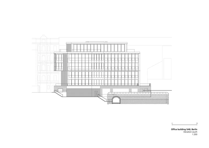 Elevation drawing depicting the tower with a textured base and arched entry adjacent to outlined structures