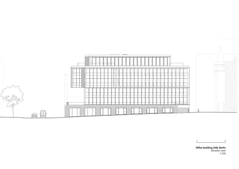 Elevation drawing of the gridded facade with a tree and parked cars at street level