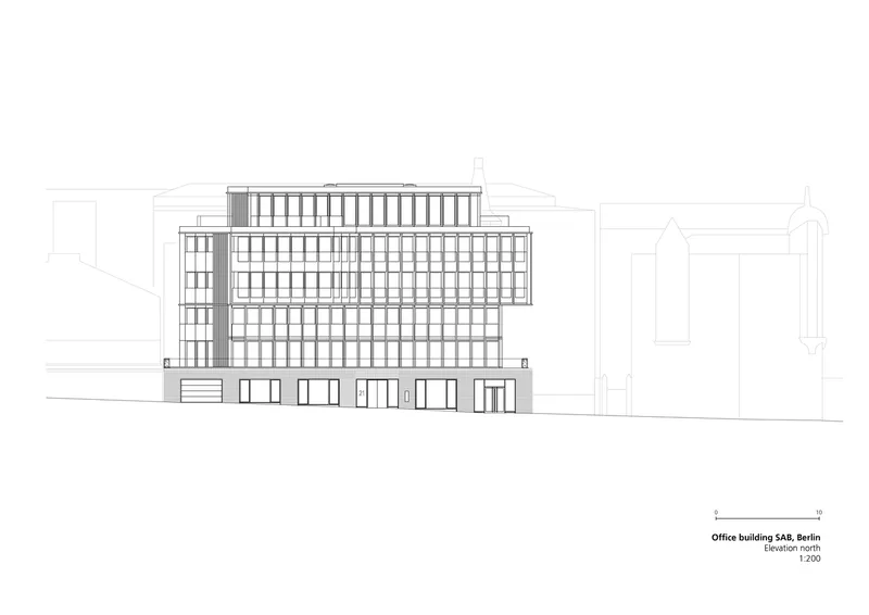 Elevation drawing showing the gridded glass facade with adjacent outlined context buildings