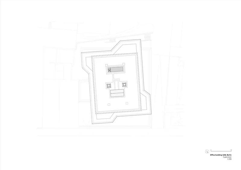 Roof plan drawing showing an irregular perimeter with rooftop openings and mechanical elements