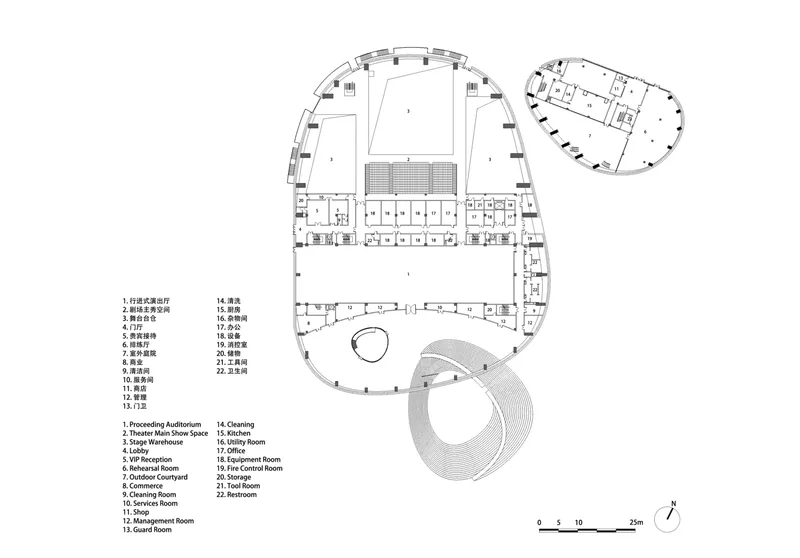 Floor plan: the main theatre with oval auditorium at centre, lobby, VIP reception, rehearsal room, stage warehouse, and the smaller volume with services