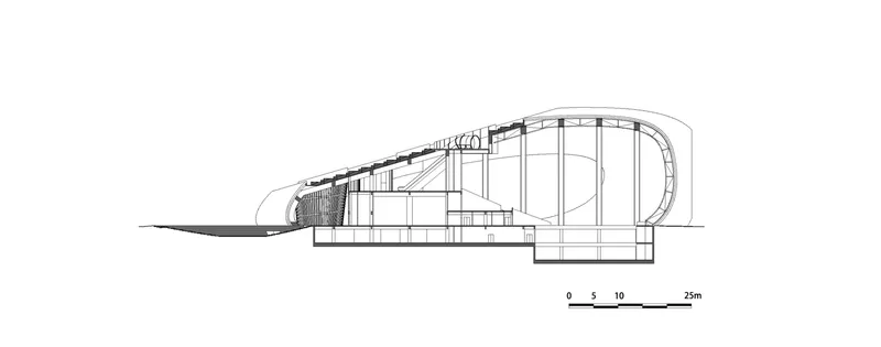 Longitudinal section: curved roof shell rising over the raked auditorium seating, stage at left, basement services below, sunken entry at the far end