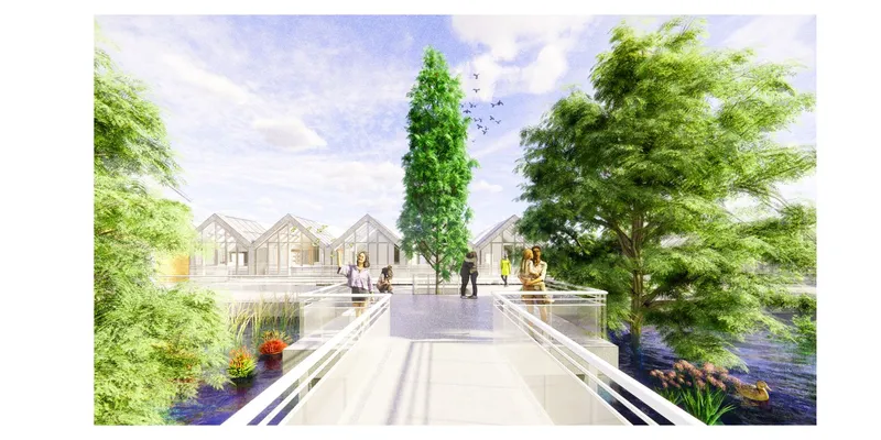 Raised walkway between housing rows: an elevated pedestrian bridge threads between gabled family homes over standing water, with residents crossing and planters lining the edges