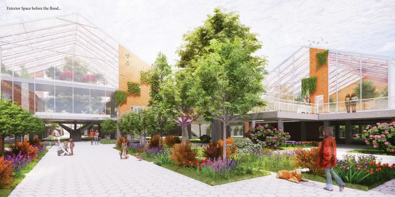 Exterior plaza on a dry day: trees, flowering borders, and glass-roofed communal pavilions frame a lively ground-level street where residents walk their dog and gather outside shops