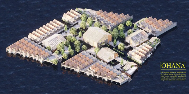 Neighbourhood axonometric: the full Ohana settlement sits on water, with perimeter rows of small gable-roofed housing blocks linked by raised bridges around central communal buildings with pitched glazed roofs
