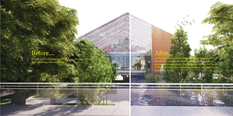 Before and after diptych showing the same plaza: on the left, a dry courtyard with residents walking; on the right, the same space flooded, with the raised walkway still operating above the water
