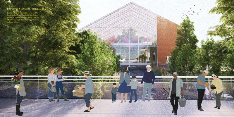 Bridge-level view of Ohana's elevated public walkway: residents and children gather on a raised deck in front of a gabled glass communal pavilion, with trees and landscaping framing the scene