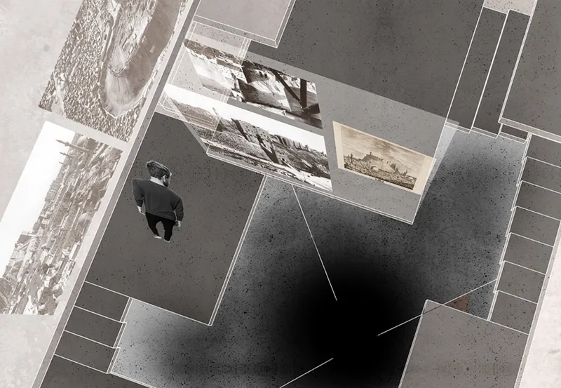 Descending into the void of forgotten histories, where layered memories and lost landscapes converge in architectural reflection.