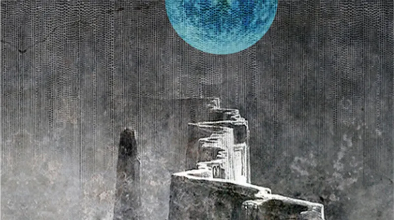 Ruins under a celestial glow: A symbolic ascent toward renewal, where shadows of the past meet the promise of a brighter future.