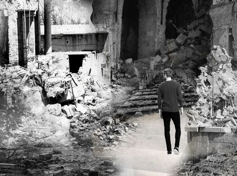 Walking amidst ruins, the journey embodies resilience—transforming devastation into a pathway of hope and renewal.