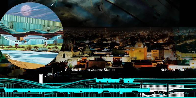 Site context collage: an inset render of the Nubé pavilion set against a photograph of the Glorieta Benito Juárez Statue, locating the project in a recognisable plaza in San Luis Potosí