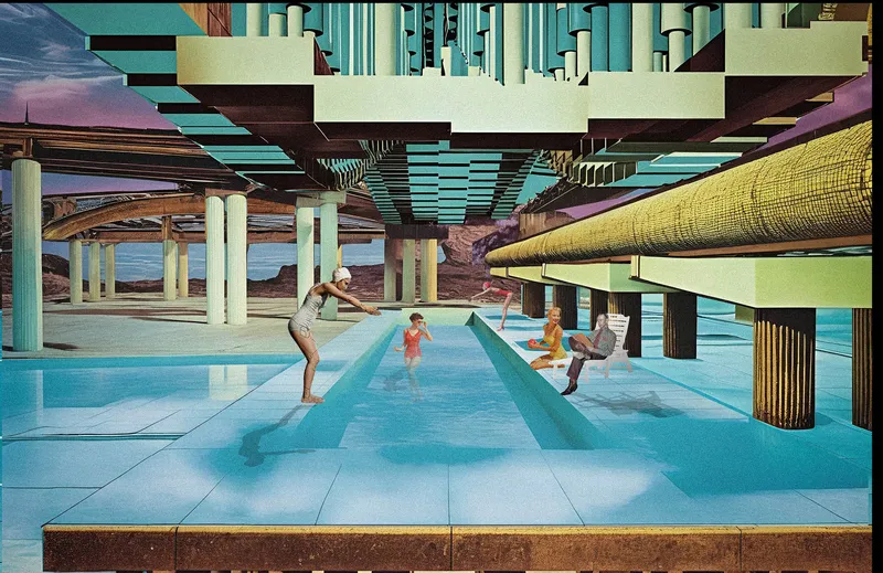 Collage of the pool module: a red-suited swimmer dives into a lap pool beneath a canopy of turquoise beams and columns, with other residents sitting and wading, desert mountains framing the horizon