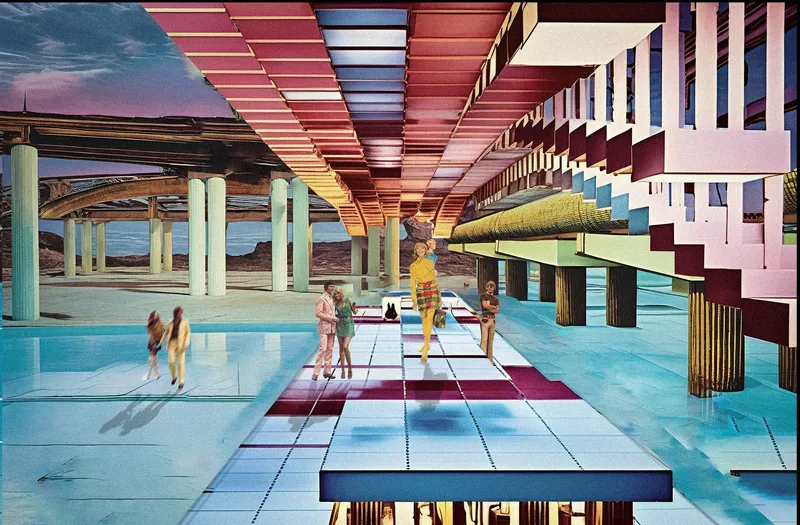 Dawn view of the modular pavilion: slender columns support a flat canopy over a patterned tile plaza, with women walking, a shallow reflecting pool, and the desert horizon beyond